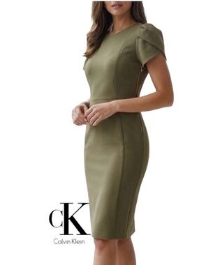 22W CALVIN KLEIN Tulip-Sleeve Crepe Knee Length Sheath Dress w. Exposed Back Zip